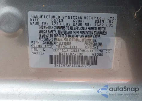 2014 Nissan Versa 1.6 Sv z USA, uszkodzony, nr VIN 3N1CN7AP1EL816652